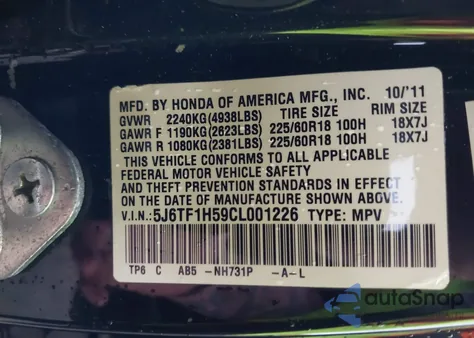 2012 Honda Crosstour Ex-L z USA, uszkodzony, nr VIN 5J6TF1H59CL001226